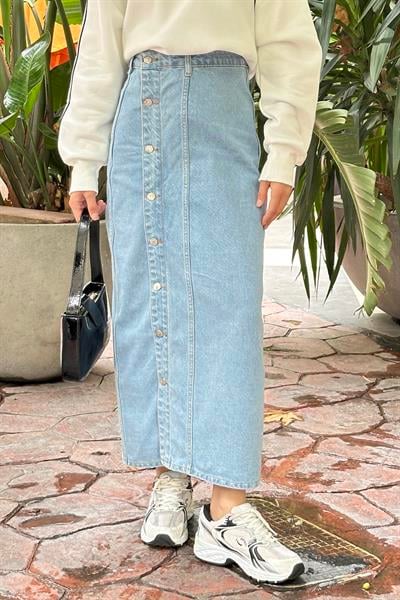 Düğmeli Kot Etek Buz Mavisi