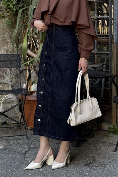 Düğmeli Kot Etek Kot Mavisi