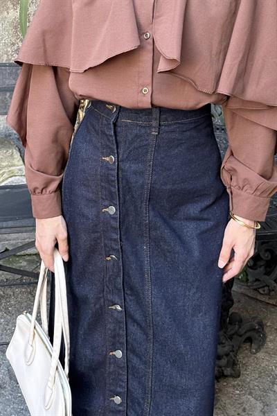 Düğmeli Kot Etek Kot Mavisi