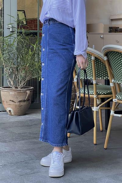 Düğmeli Kot Etek Mavi