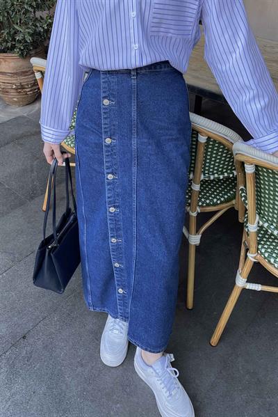 Düğmeli Kot Etek Mavi