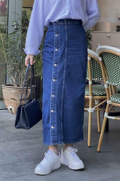 Düğmeli Kot Etek Mavi