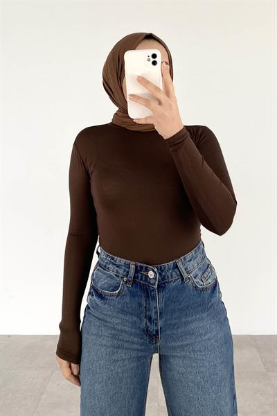 Yarım Balıkçı Yaka Düz Renk Body Çikolata Kahve