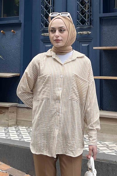 Çift Cep Detaylı Çizgili Keten Gömlek Bej