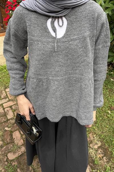 Yakası Bağcıklı Triko Kazak Antrasit