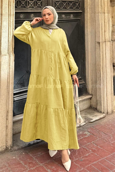Ön Yarım Düğme Detaylı Müslin Kumaş Tesettür Elbise Sarı