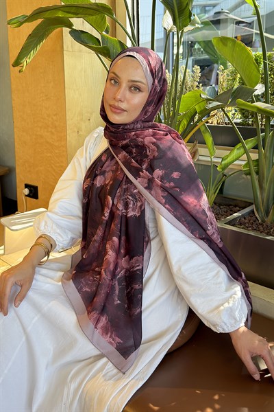 Gül Çiçek Desen Lara Soft Şal Koyu Bordo