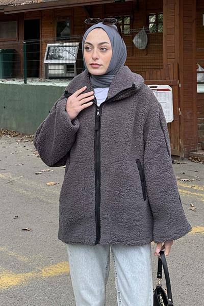 Biye Detaylı Tedy Peluş Mont Füme