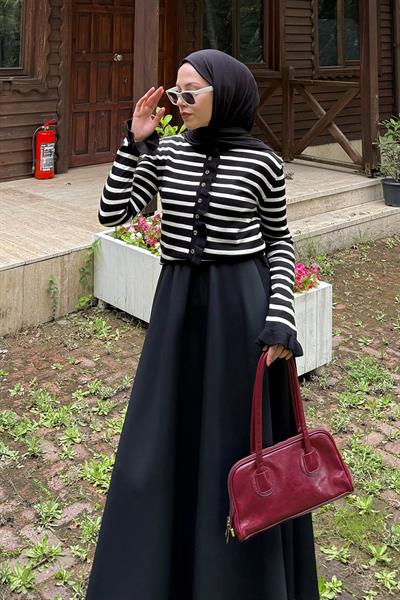 Fırfırlı Çizgili Hırka Siyah