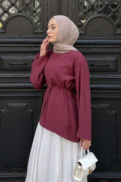 Bağlama Detaylı Asimetrik Kesim Gömlek Bordo