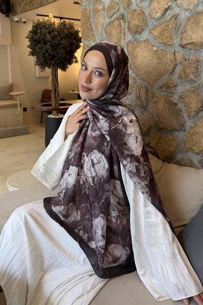 Vintage Flower Desen Bambu Şal Acı Kahverengi