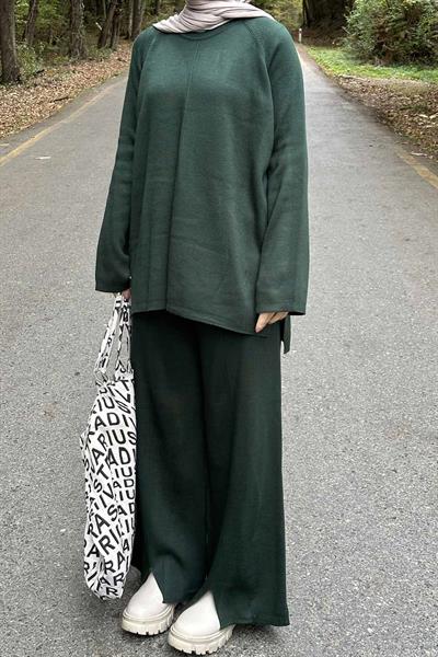 Basic Pantolon Önü Yırtmaçlı Triko Tesettür Takım Haki