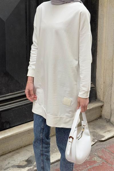 İki iplikli Arma Detaylı Sweat Tunik Beyaz