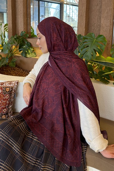 Geometrik Desen Bambu Şal Koyu Bordo