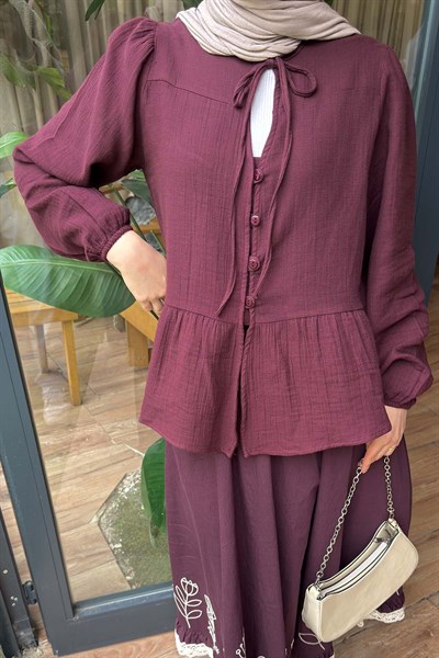 V Yaka Kolları Lastikli Müslim Tesettür Gömlek Mürdüm