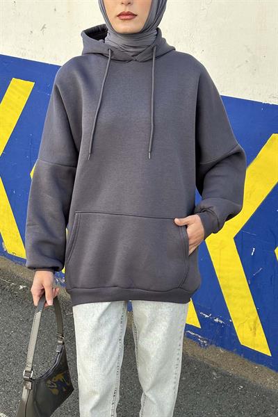 Üç İplik Kanguru Cep Sweatshirt Antrasit