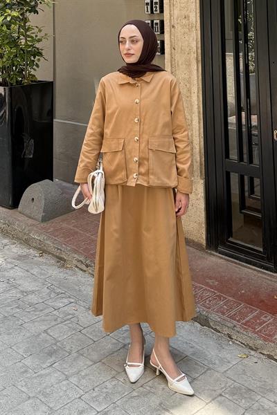 Cep Detaylı İkili Etek Tesettür Takım Camel