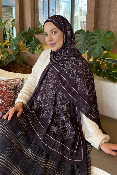 Geometrik Desen Bambu Şal Koyu Kahve