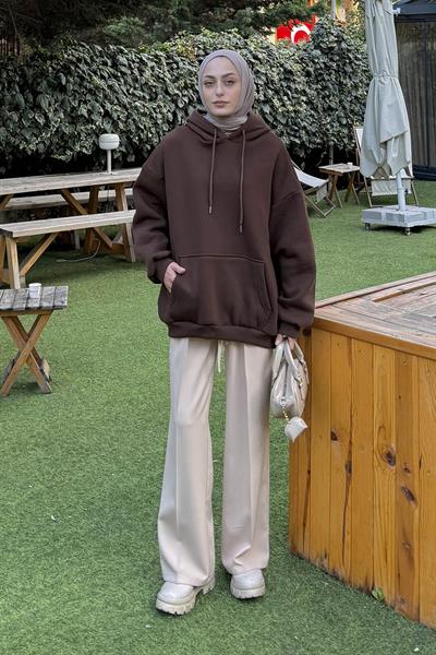 Üç İplik Kanguru Cep Sweatshirt Acı Kahverengi