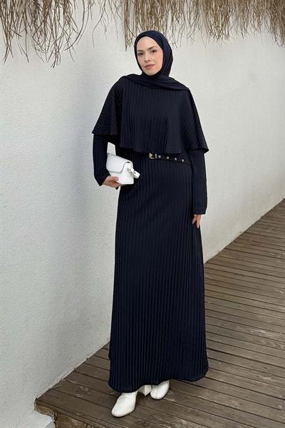 Balıksırtı Kemerli Elbise Lacivert