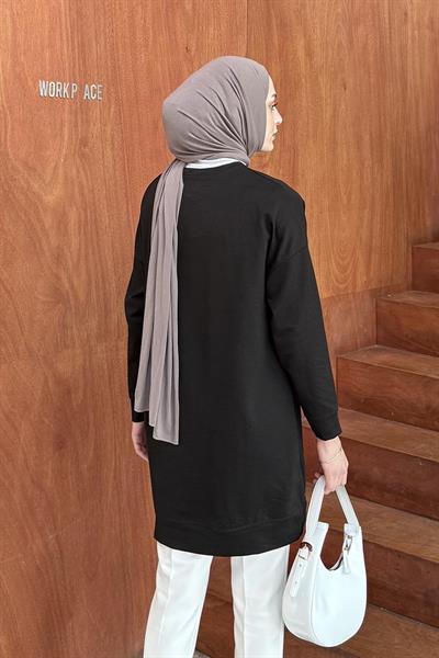 İki iplikli Arma Detaylı Sweat Tunik Siyah