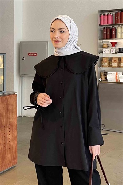 Bebe Yaka Dantel Detaylı Gömlek Siyah
