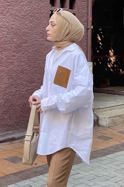 Deri Cep Detaylı Gömlek Beyaz