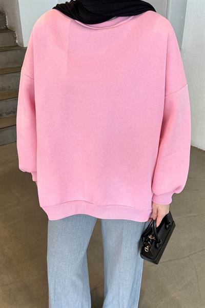 Jasmin Bisiklet Yaka Oversize Sweat Şeker Pembesi