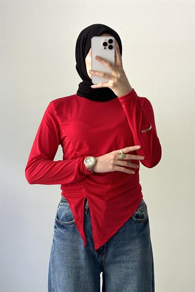 Bisiklet Yaka Yırtmaç Detaylı Sandy Body Nar Çiçeği