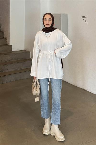 Yırtmaç Detaylı Sweat Beyaz