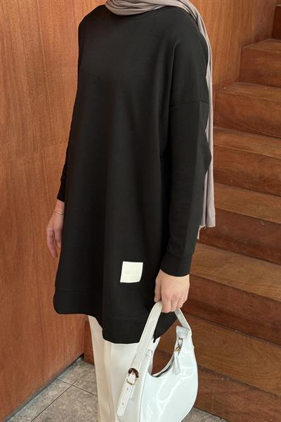 İki iplikli Arma Detaylı Sweat Tunik Siyah