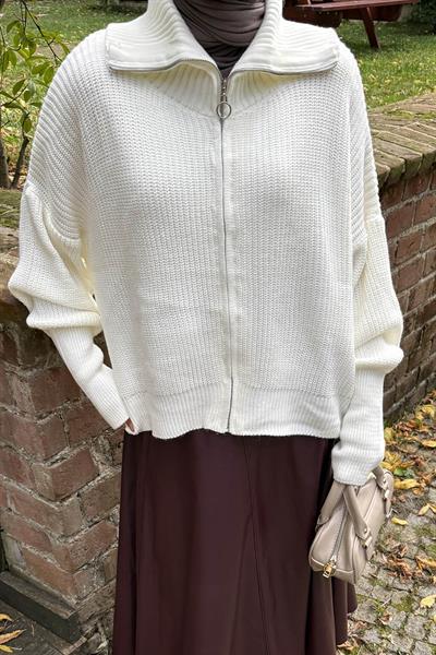 Fermuarlı Triko Hırka Krem