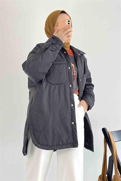 Çift Cepli Boydan Düğmeli Gizli Cepli Mont Siyah