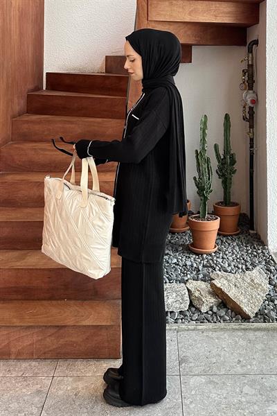 Cep Detaylı Garnili Triko Takım Siyah