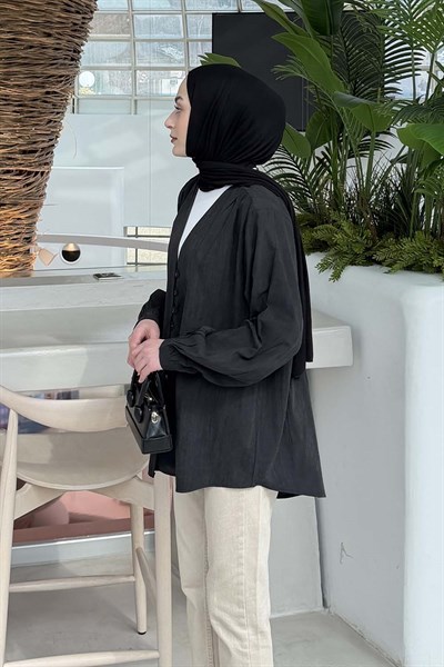 Brit düğmeli V Yaka Gömlek Siyah