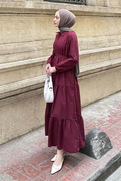 Yarım Düğme Detaylı Terikoton Elbise Bordo