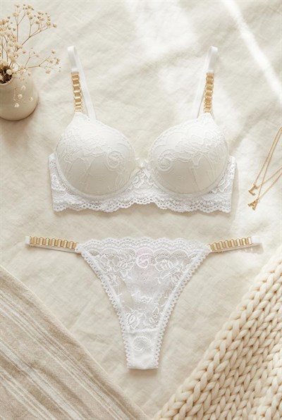 Dantelli Destekli Sütyen Zincirli Takım Ekru