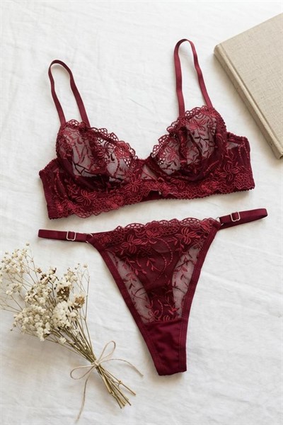 Bordo Dantelli Bralet Sütyen Takım Bordo