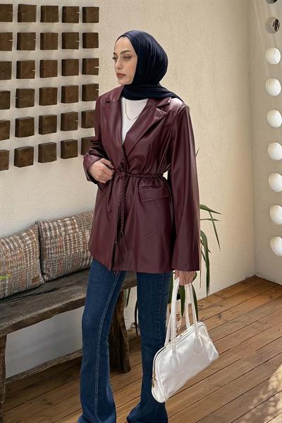 Oversize Deri Ceket Bordo