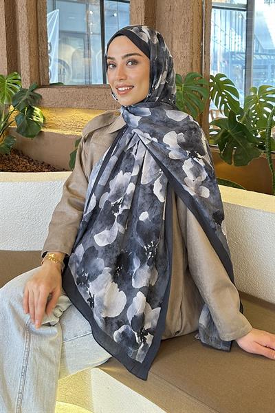 Batik Çiçek Desen Bambu Şal Antrasit