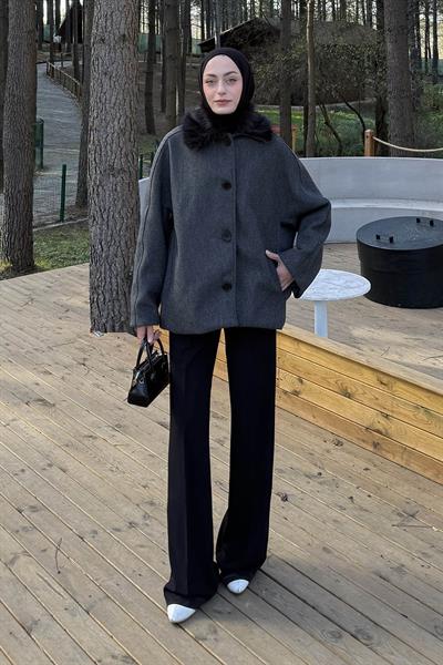 Kürk Yakalı Kaban Antrasit