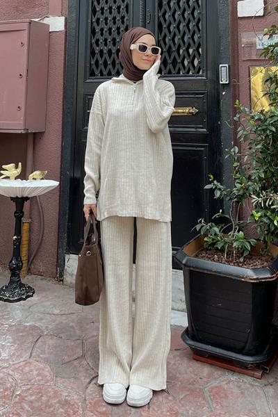 Fermuar Detaylı Pantolon Tesettür Takım Krem