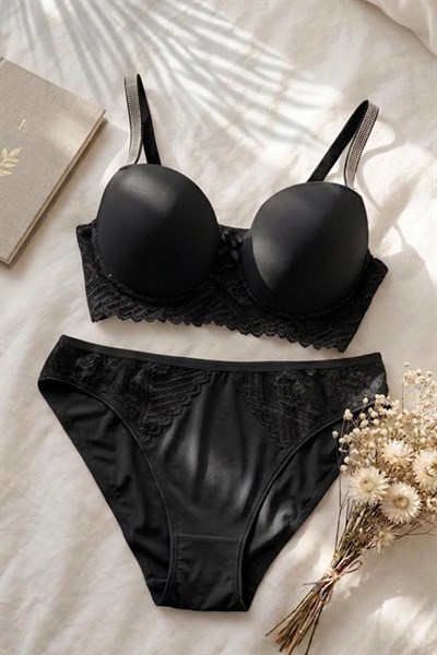 Desteksiz Balenli Büyük Beden Taş Detaylı Sütyen Takım Siyah