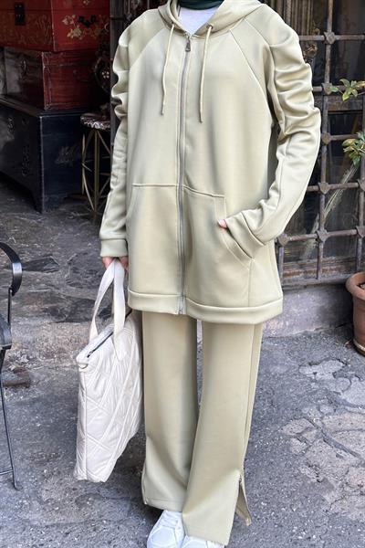 Kol Büzgü Detaylı İkili Scuba Tesettür Takım Yeşil