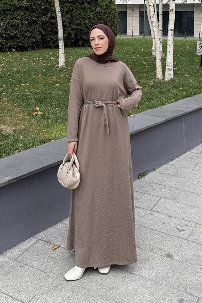 Taş Detaylı Tesettür Elbise Soft Kahve