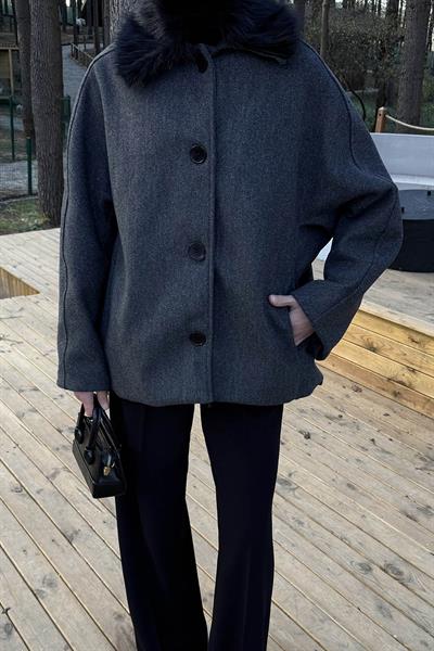 Kürk Yakalı Kaban Antrasit