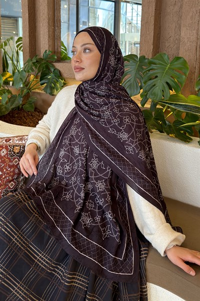 Geometrik Desen Bambu Şal Koyu Kahve