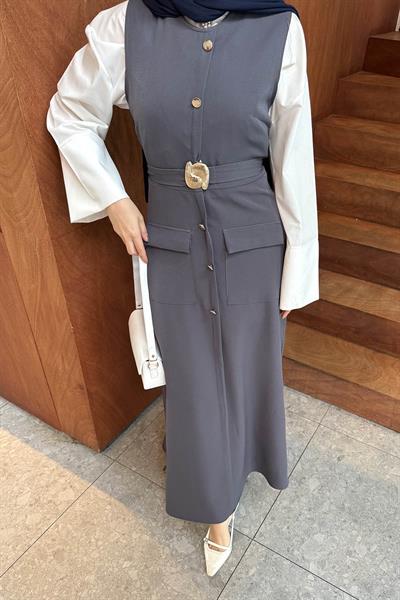 Düğme Detaylı Elbise Antrasit