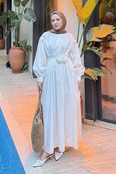 Pileli Poplin Elbise Beyaz