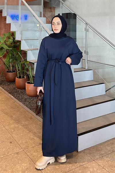 Etek Ucu Armalı Kuşaklı Elbise Lacivert